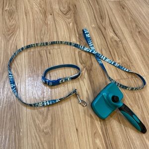 Blue dog leash, collar and brush